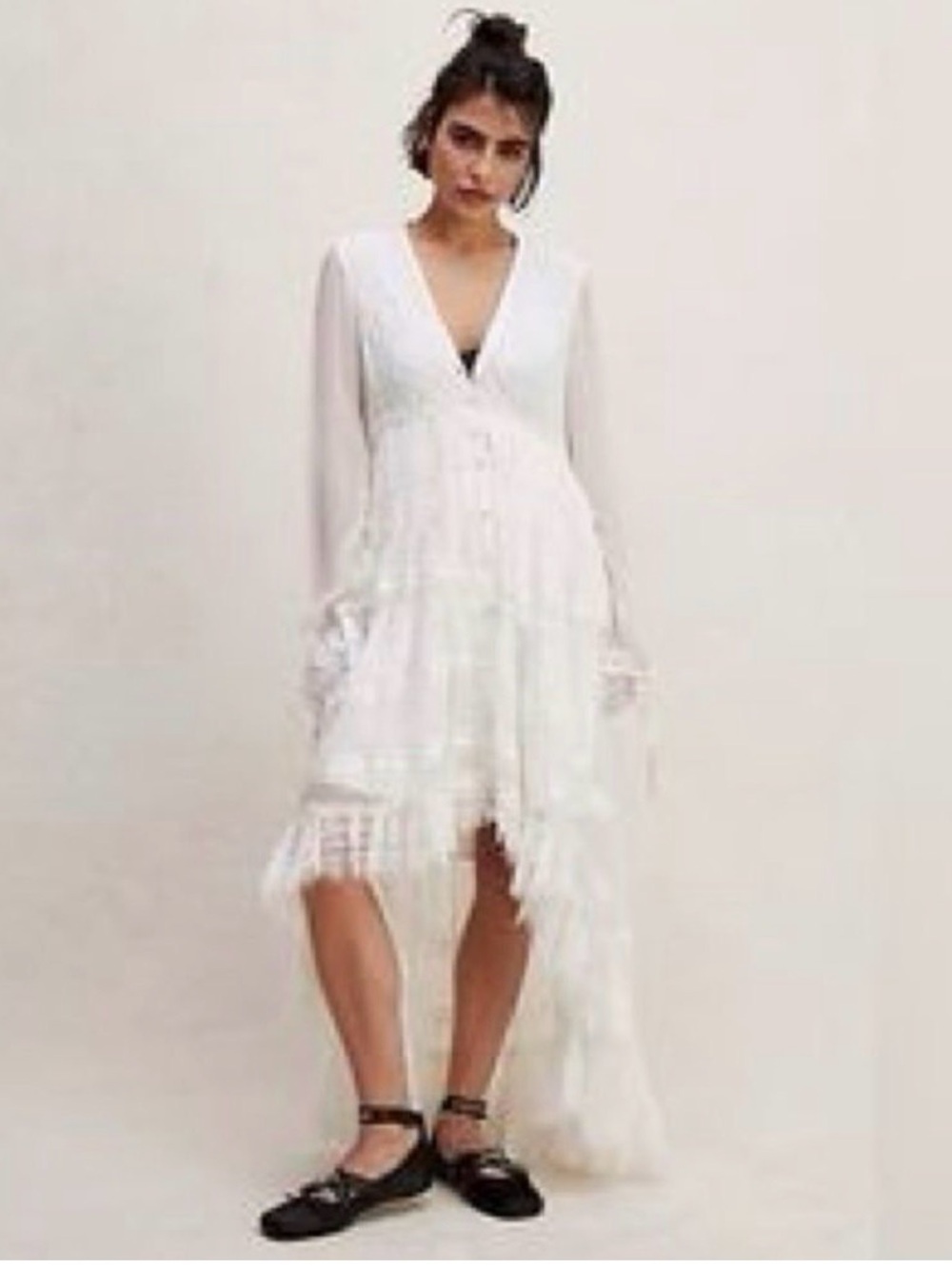 Rococo Sand White V-Neck Long Sleeve High-Low Fringe Dress